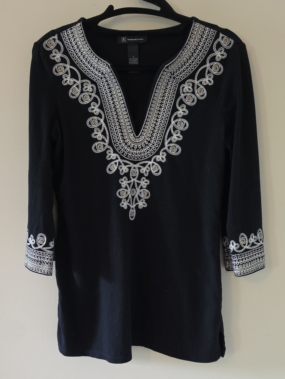 INC International Concepts Black Tunic with White Embroidered V-Neck